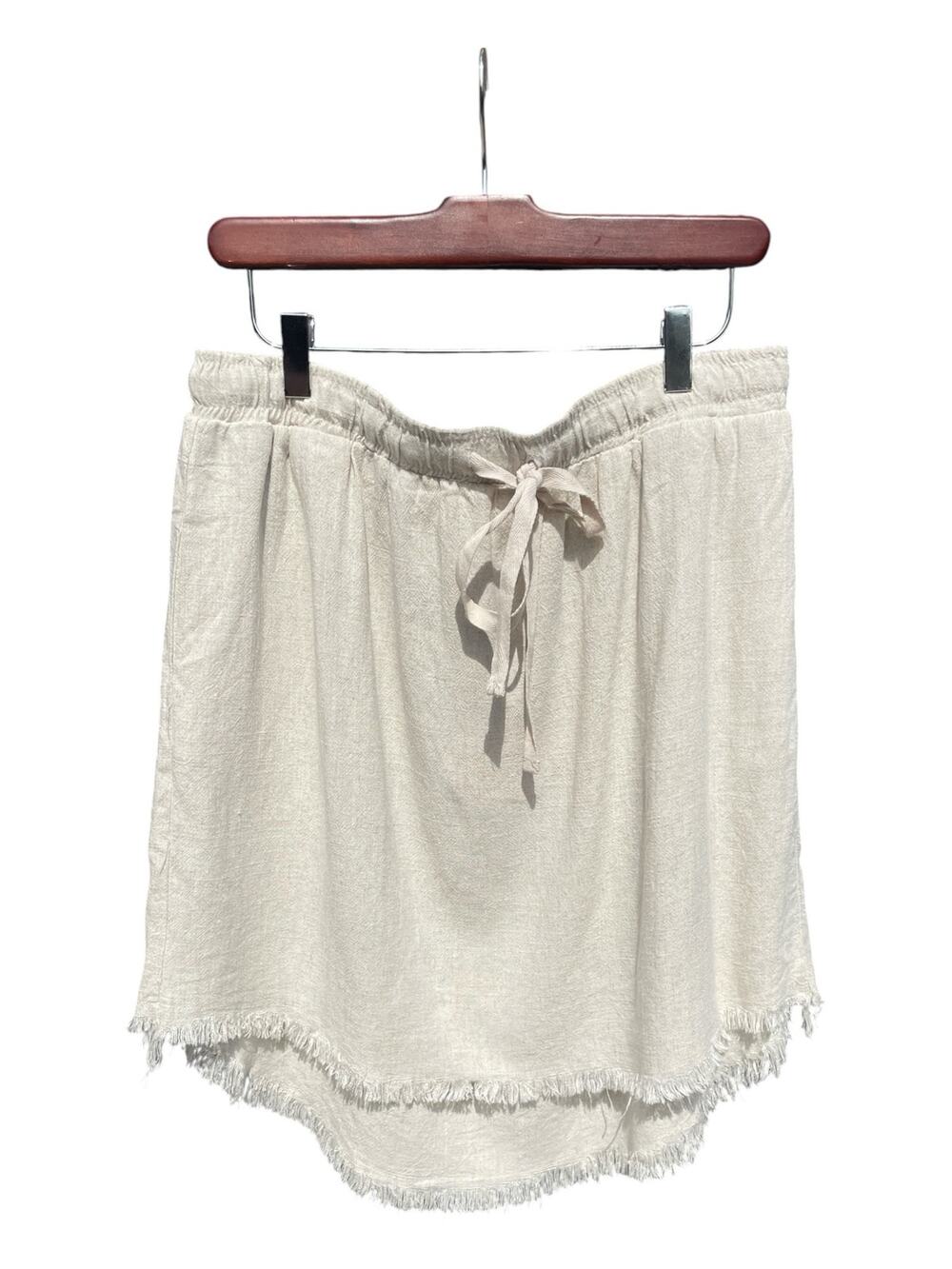 Umgee USA Skirt Linen Cotton Drawstring Frayed Hem Women’s L Pockets Mini/Knee